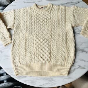 Standun Vintage Irish Fisherman's Cable Knit Wool Sweater Cream Size S 100% Wool